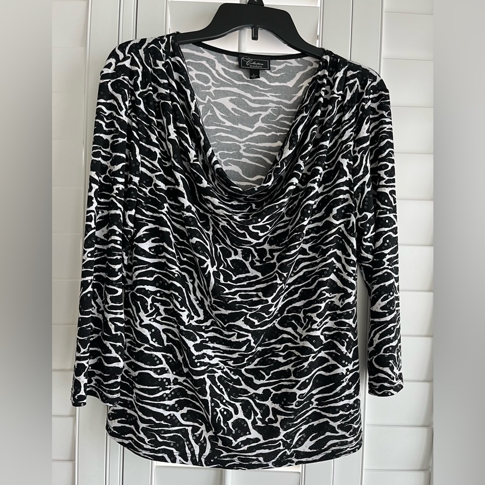 COLLECTION DRESSBARN Black & White Zebra Print 3/4 Sleeve Cowl Neck Sequin Top L
